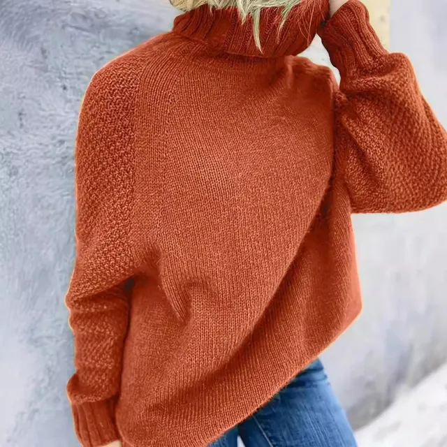 Solid Color High Collar Loose Pullover Long Sleeve Sweater Coral - Shop at LoveMi