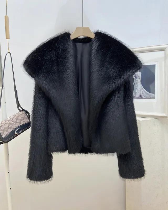 Women's Warm Big Collar Faux Fur Coat Black - Shop at LoveMi