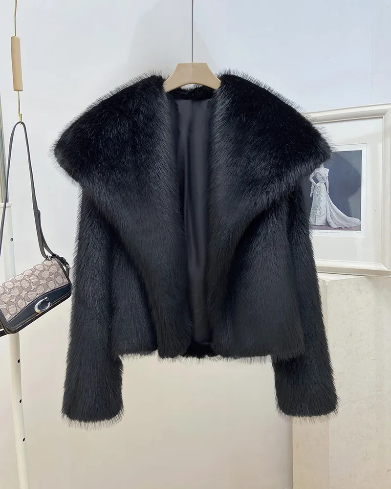 Women's Warm Big Collar Faux Fur Coat - Black