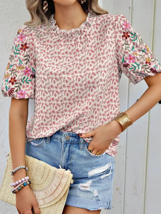 Embroidered Printed Buckle Wave Turtleneck Short Color Matching Top Pink - Shop at LoveMi