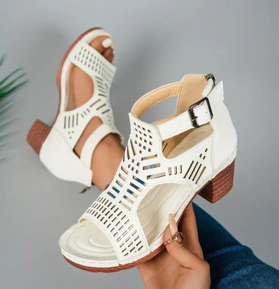 Chunky Heel High Hollow Peep Toe Sandals White - Shop at LoveMi