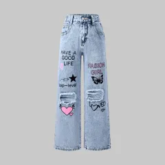 Snowflake Water Washed Hole Printed Wide-leg Jeans - Light Blue - View 1