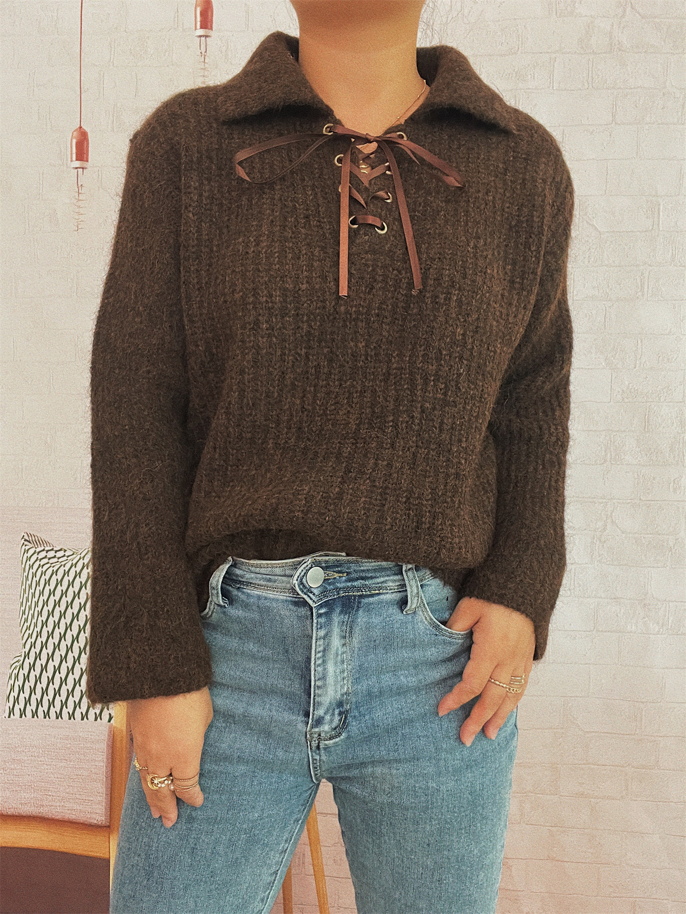 Simple Commute Lapel Tied Knitted Pullover Solid Color Loose Sweater