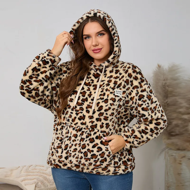 Women's Plus Size Hoodie Pullover - Leopard