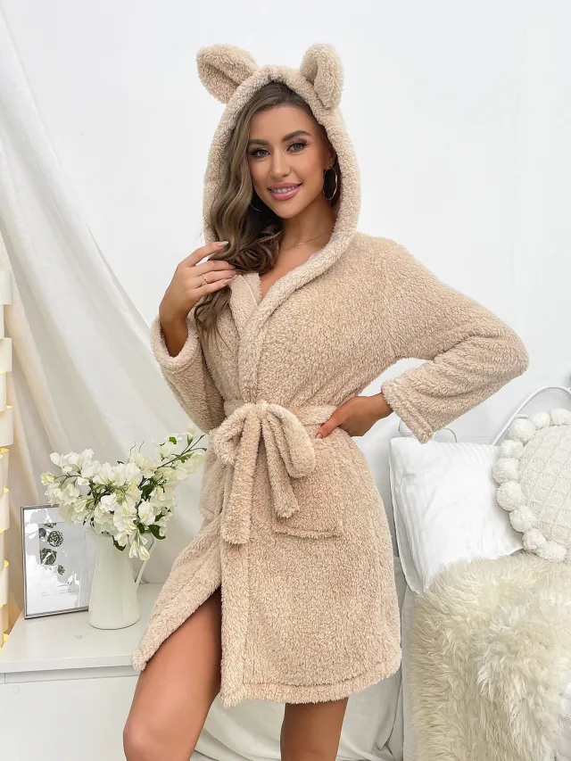 Plush Loungewear Robe Thickened Bathrobe Hooded Sleepwear With Drawstring Color 5237 - Shop at LoveMi