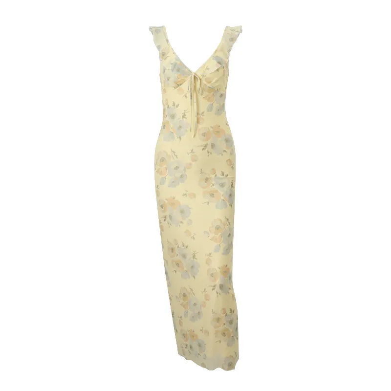 Women's Vacation Style Vintage Printed Slim-fit Sling Dress - Yellow