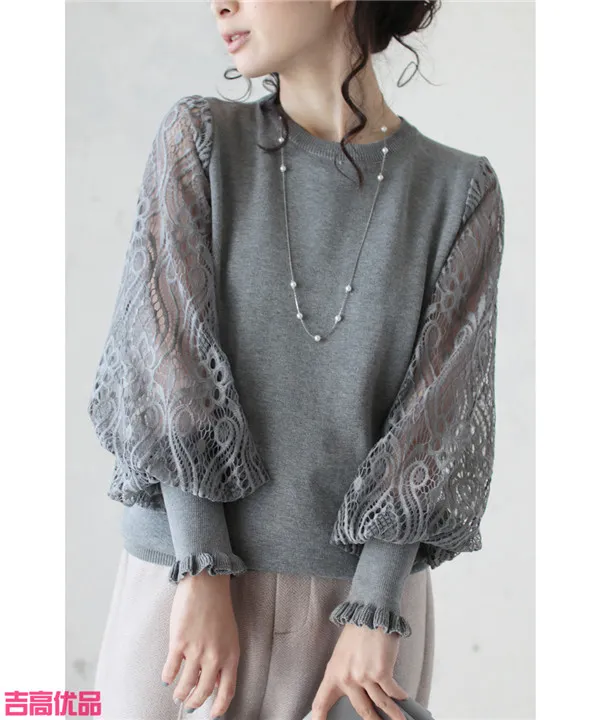 Sheer Yarn Flower Embroidered Sleeve Patchwork Knitting Bottoming Shirt Gray - Shop at LoveMi