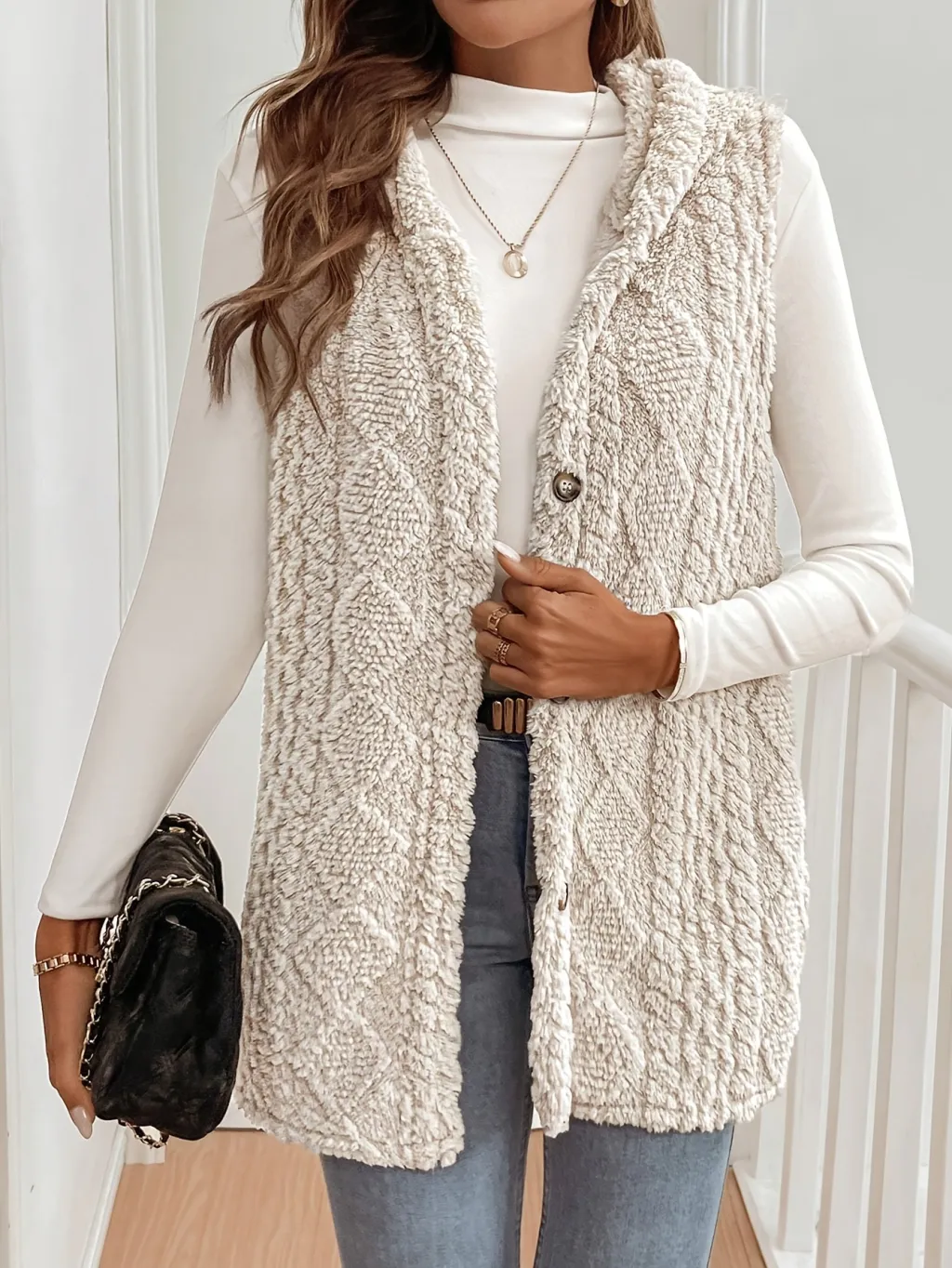 Women's Plush Coat Double-sided Diamond Plaid Texture Wool Fabric Sleeveless - Apricot