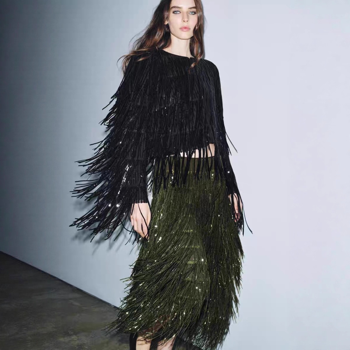 Fashionable Beaded Tassel Party Skirt In Solid Color