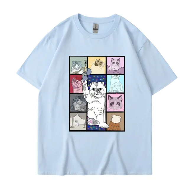 Animal Dog Cat Printed T shirt Loose Hip Hop Street Light Blue - Shop at LoveMi