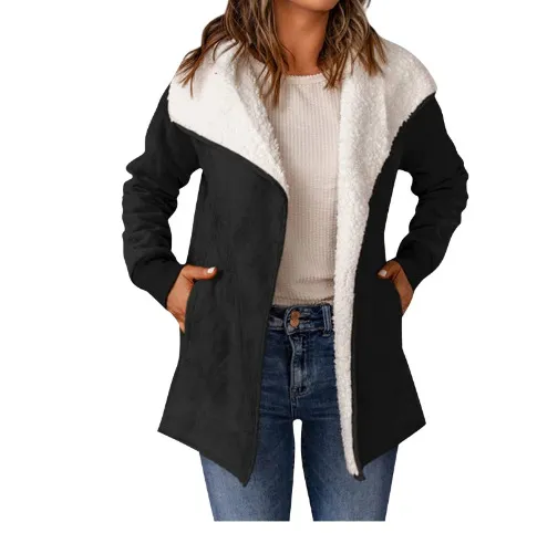 Women's Long sleeved Suede Lambswool Warm Coat Black - Shop at LoveMi