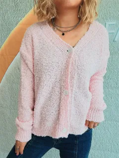 Solid Colour And V-neck Single-breasted Long Sleeve Seersucker Knitted Cardigan Coat For Women - Pink - View 1