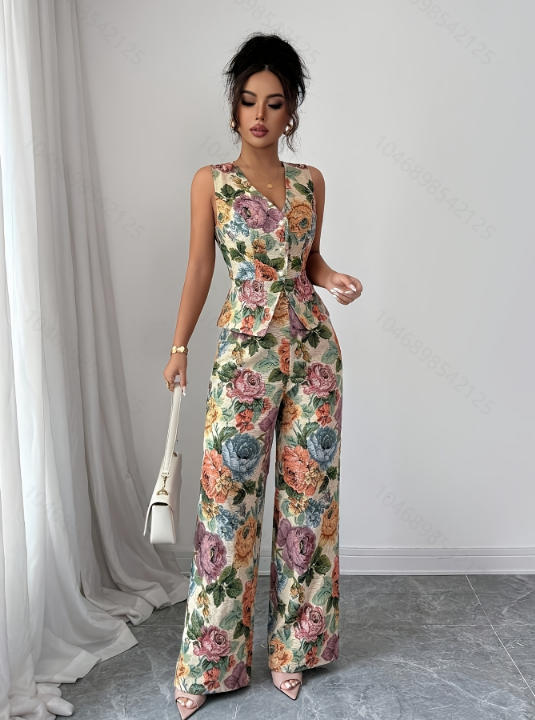 Womens Printed Waist-Cinching Sleeveless Vest Top High-Waisted Wide-Leg Pants Two-Piece Set 2
