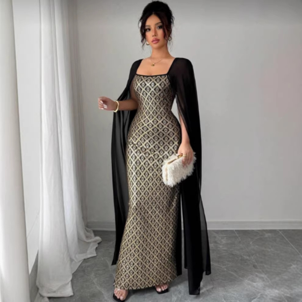 Womens Retro, Opulent Square-Neck Backless Elegant Muslim Dress For Banquets And Parties