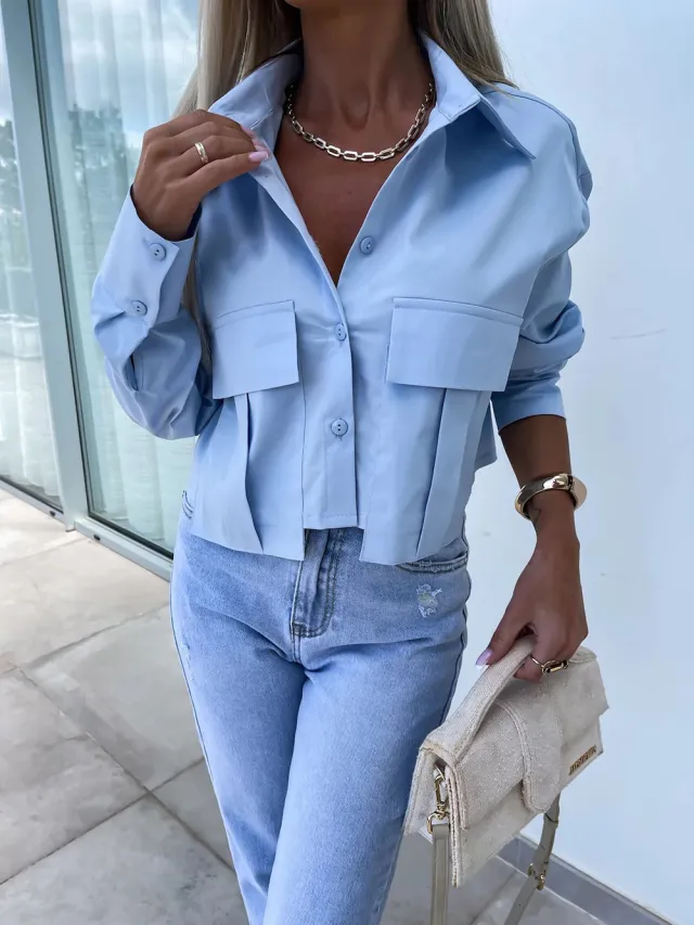 Fashion Loose long Sleeve Button Shirt Blue - Shop at LoveMi