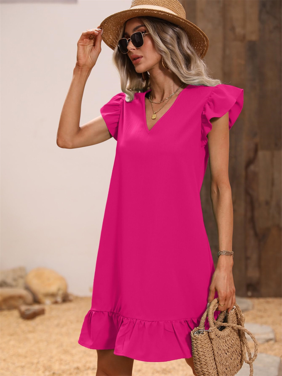 Women's V neck Ruffle Loose Waist Short Sleeve Dress Rose Red - Shop at LoveMi