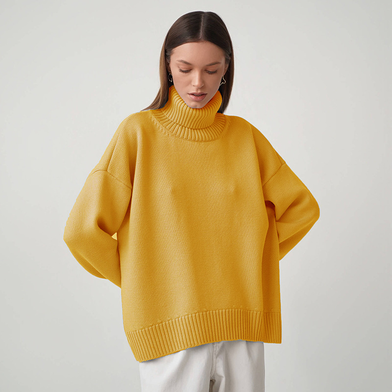 Solid Color Turtleneck Comfortable Loose Pullover Women's Sweater Yellow - Shop at LoveMi