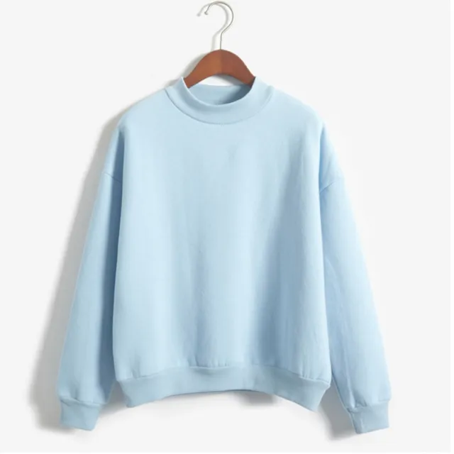 Women's Solid Color Plush Small Standing Collar Pullover Hoodie Sky Blue - Shop at LoveMi