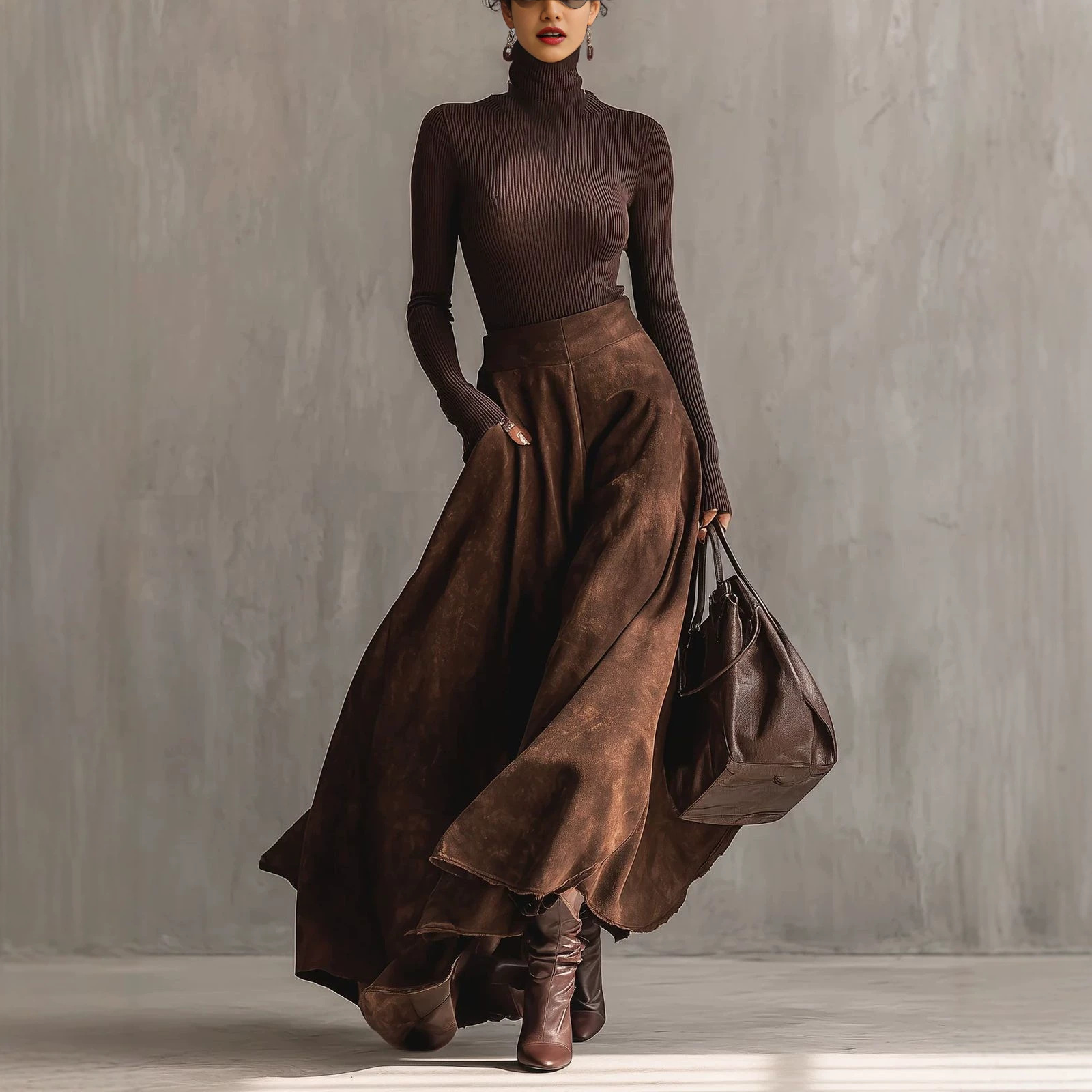 Beige Turtleneck Long Flared Skirt Set product image