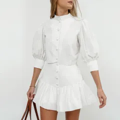 White Lantern Sleeve Shirt Short Skirt Two-piece Set For Women - White - View 1