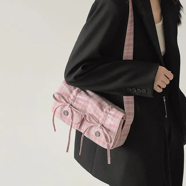 Bow Pleated Underarm Bag Simple Shoulder Messenger Bag Pink - Shop at LoveMi