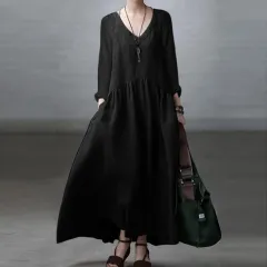 Fashion Long Sleeve V-neck Women's Casual Solid Color Loose Long Dress - Black - View 1
