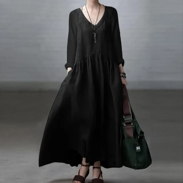 Fashion Long Sleeve V neck Women's Casual Solid Color Loose Long Dress Black - Shop at LoveMi