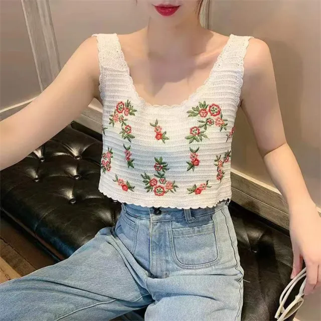 Hollow Knitted Short Inner Knitted Embroidery Sexy Small Sling Vest White Vest 128 - Shop at LoveMi