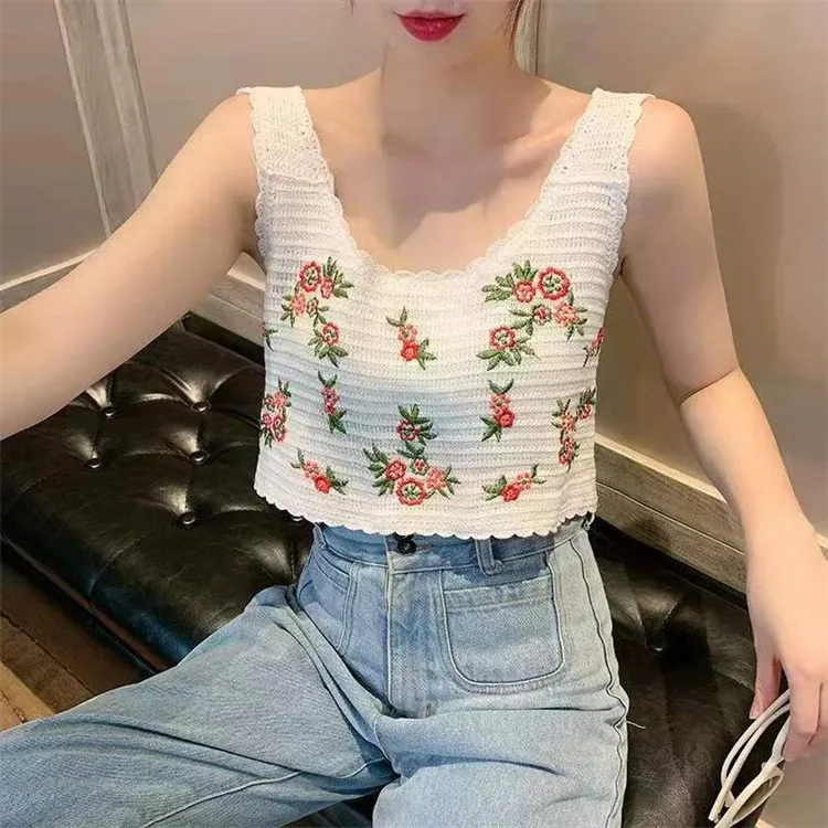 Hollow Knitted Short Inner Knitted Embroidery Sexy Small Sling Vest - White Vest 128