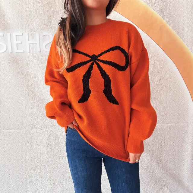 Women's Round Neck Bow Long Sleeve Warm Sweater Orange - Shop at LoveMi