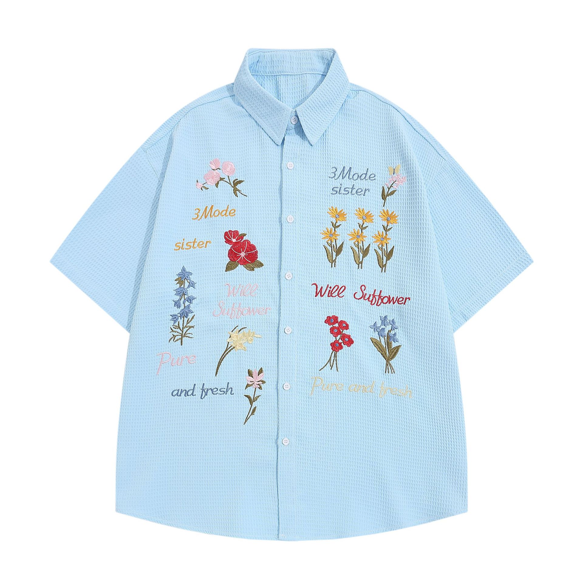 Retro Bear Embroidery Short Sleeve Plaid Shirt Summer Clothing Blue - Shop at LoveMi