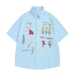 Retro Bear Embroidery Short Sleeve Plaid Shirt Summer Clothing - Blue - View 1
