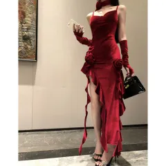 Real Shot Of New Year's Battle Robe Irregular Red Ribbon Sexy Dancing Velvet Dress - Red - View 1
