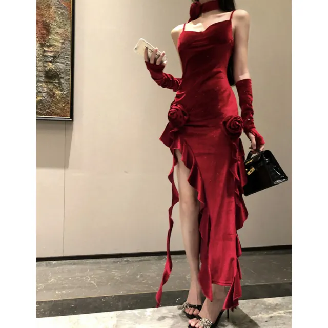 Real Shot Of New Year's Battle Robe Irregular Red Ribbon Sexy Dancing Velvet Dress Red - Shop at LoveMi