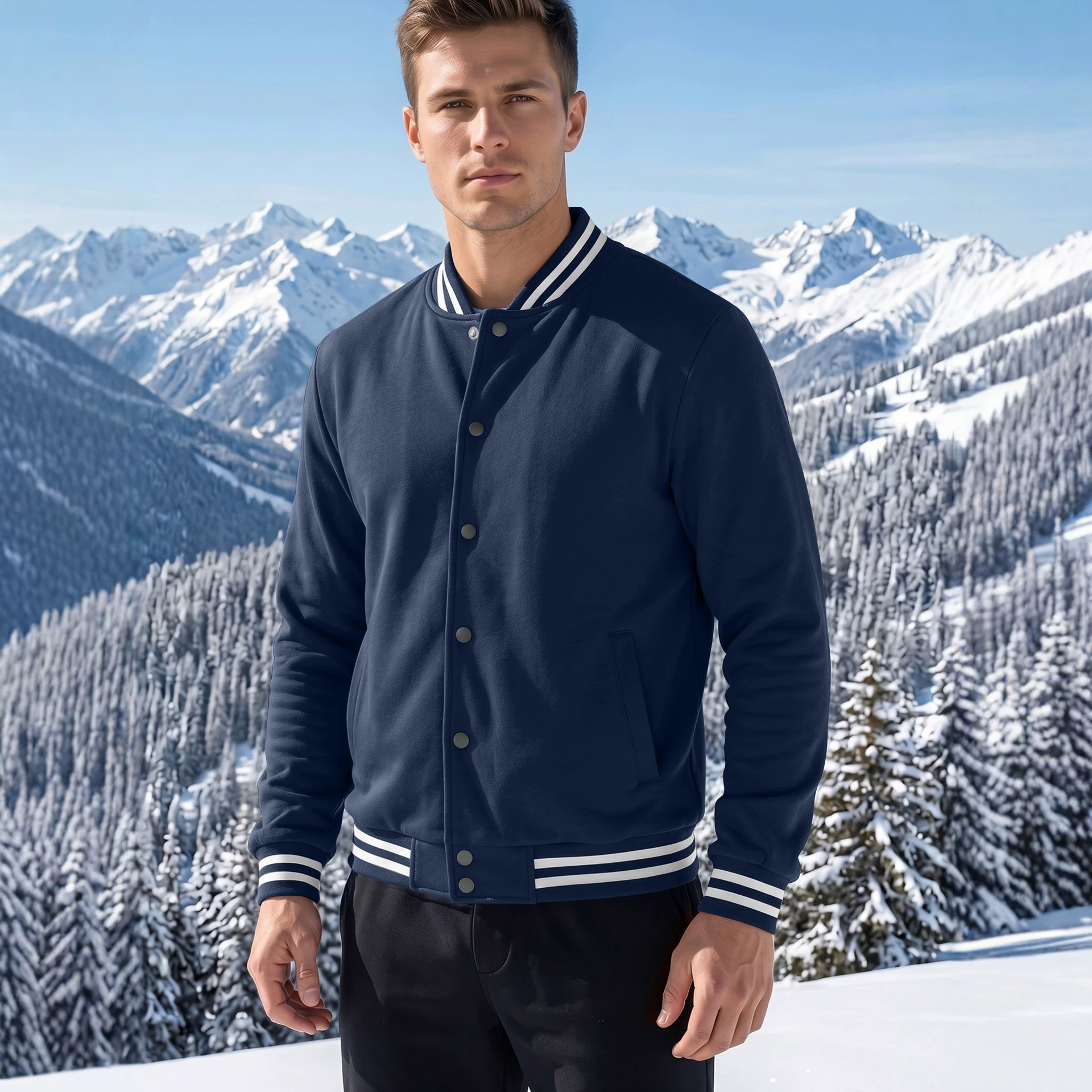 Mandarin-collar Baseball Jacket Casual Outerwear Mens Loose-fit Sportswear Set