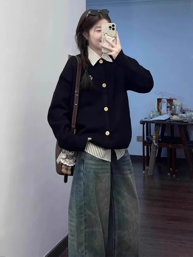 Korean Style Fake Two piece College Style Shirt Collar Sweater Women's Coat Black - Shop at LoveMi