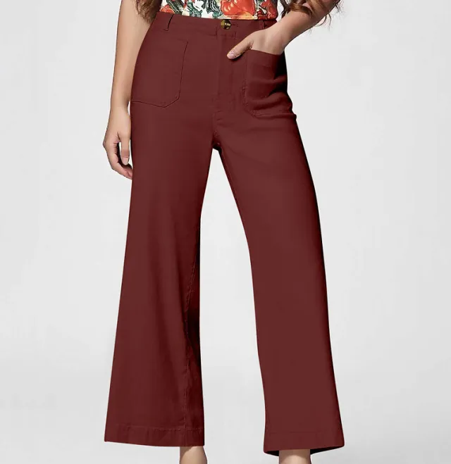 High Waist Slimming Casual Women's Cropped Wide leg Pants Wine Red - Shop at LoveMi