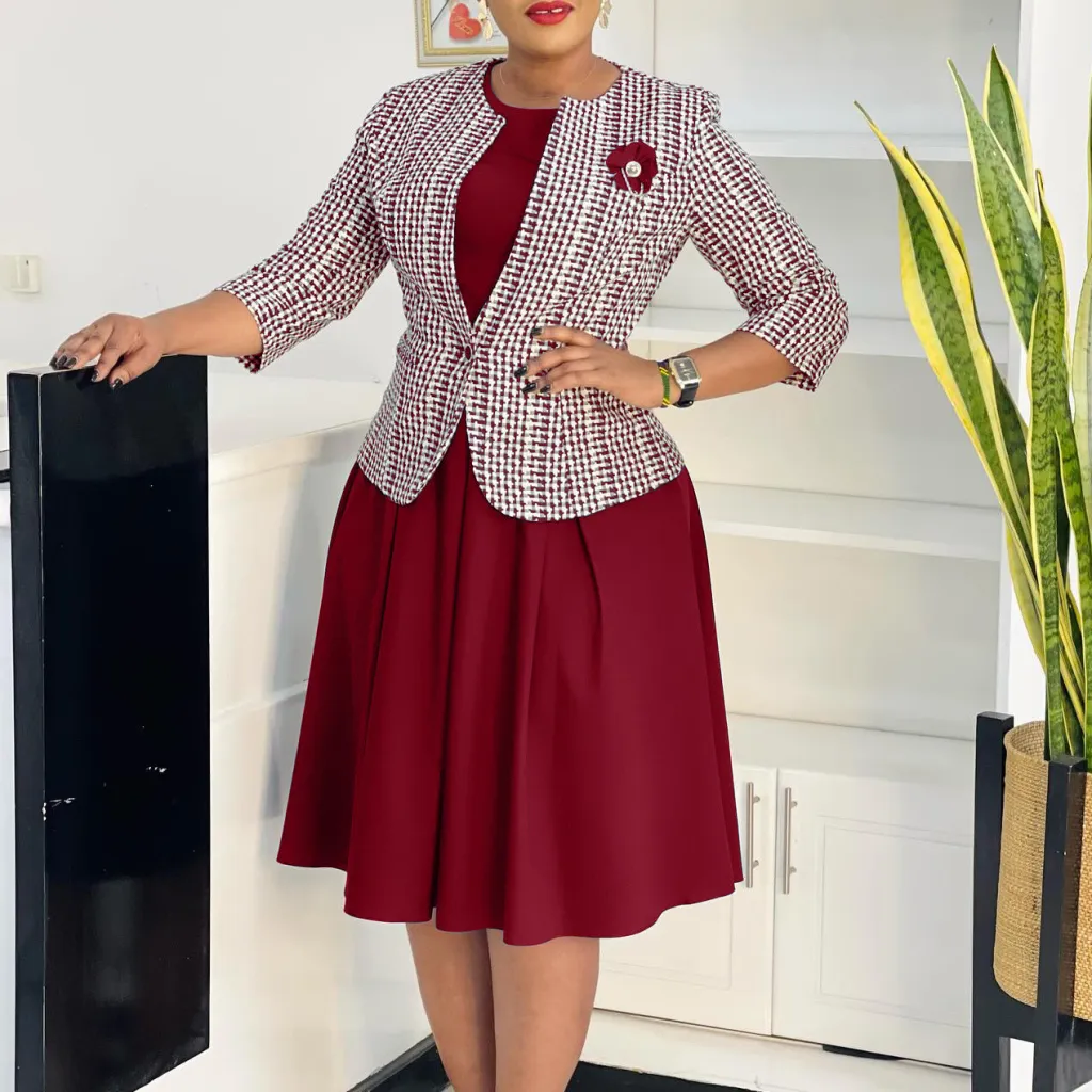 Winter Fashion Long Sleeve Coat Vest Skirt - Wine