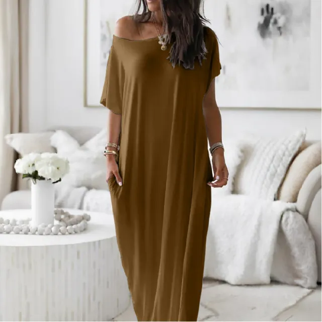 Women's Solid Color Short Sleeve And Long Pattern Casual Dress Earth Yellow - Shop at LoveMi