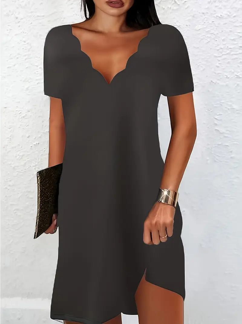 Women's Solid Color Wave V neck Short Sleeve Dress Dark Gray - Shop at LoveMi