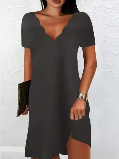 Women's Solid Colour Wave V-neck Short Sleeve Dress - Dark Grey - View 1