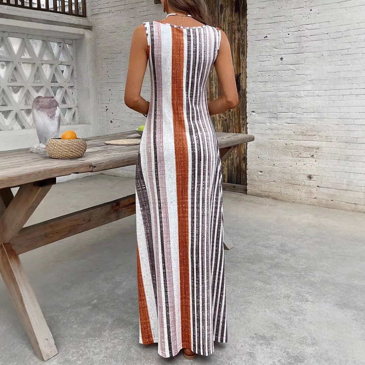 Womens European And American-style Striped Sleeveless Long Dress