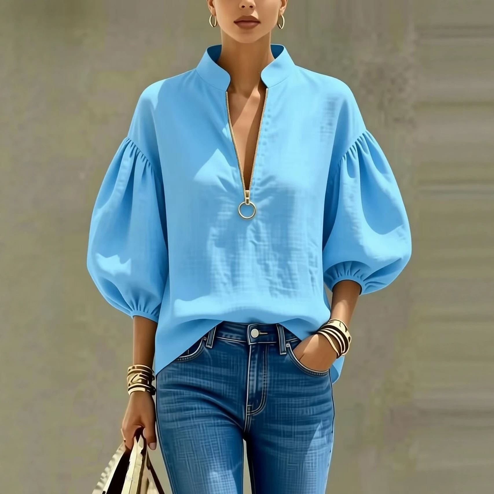 Women's New V-neck Zip-up Top With Puff Sleeves