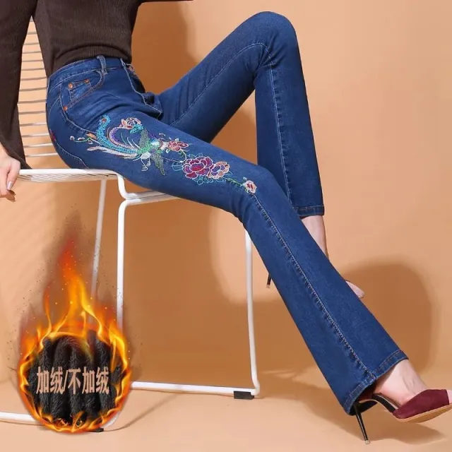 Women's Embroidered Skinny Jeans New High Waist Trousers Dmy8939 Velvet - Shop at LoveMi