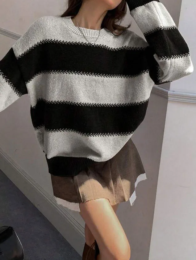 Idle Style Striped Contrast Color Autumn Round Neck Pullover Dinified Sweater Black - Shop at LoveMi
