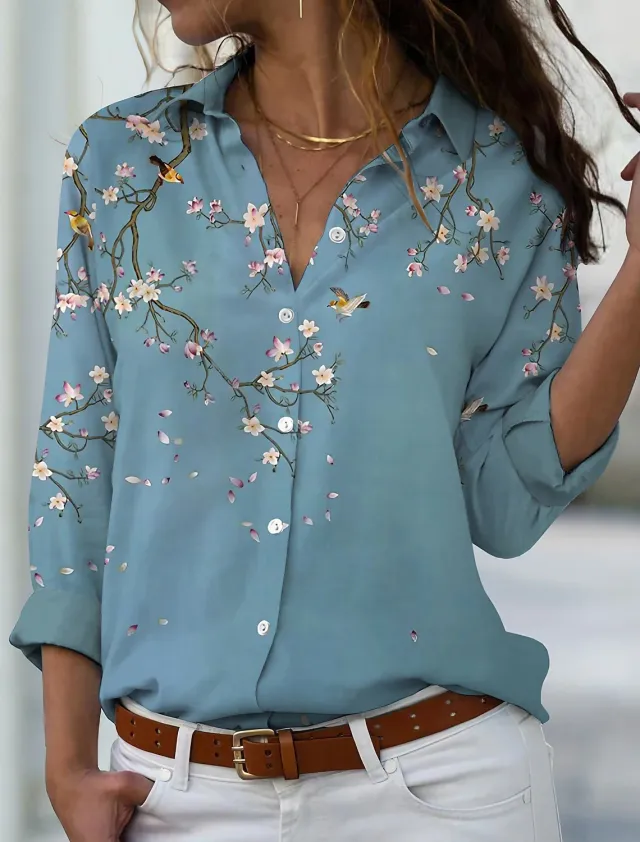 New Solid Color Flower Branch Classical Elegant Printing 3D Digital Loose Cardigan Women's Long sleeved Blouse B25Sltha240216W - Shop at LoveMi