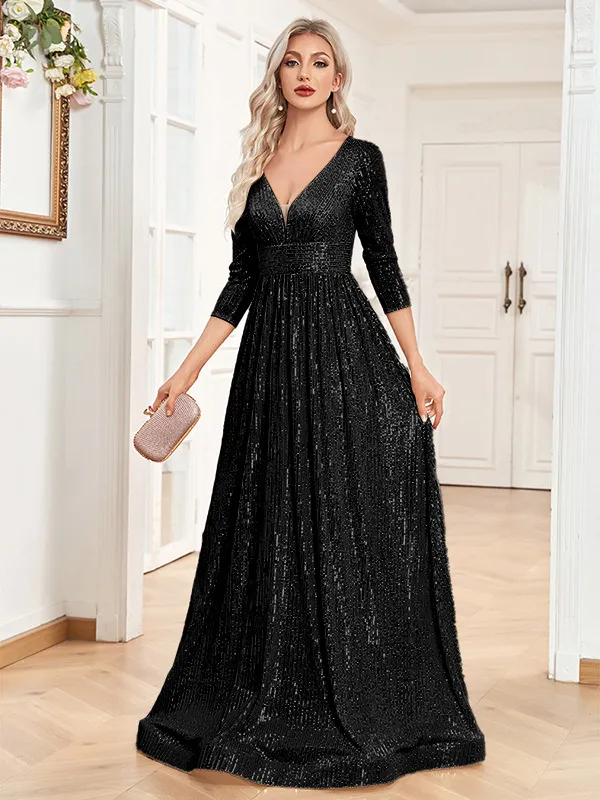 Sequined Fall V neck High Waist Party Formal Dress Black - Shop at LoveMi