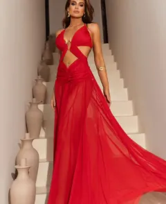 Mesh Camisole Long Exposed Navel Dress - Red - View 1