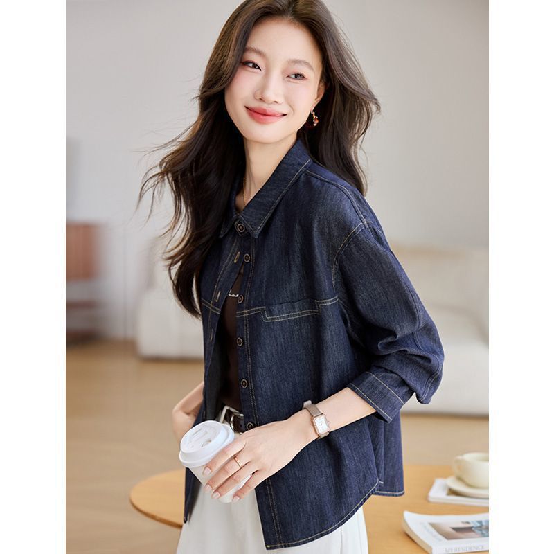 Dark Blue Long-sleeve Denim Shirt Womens Loose Fit 4