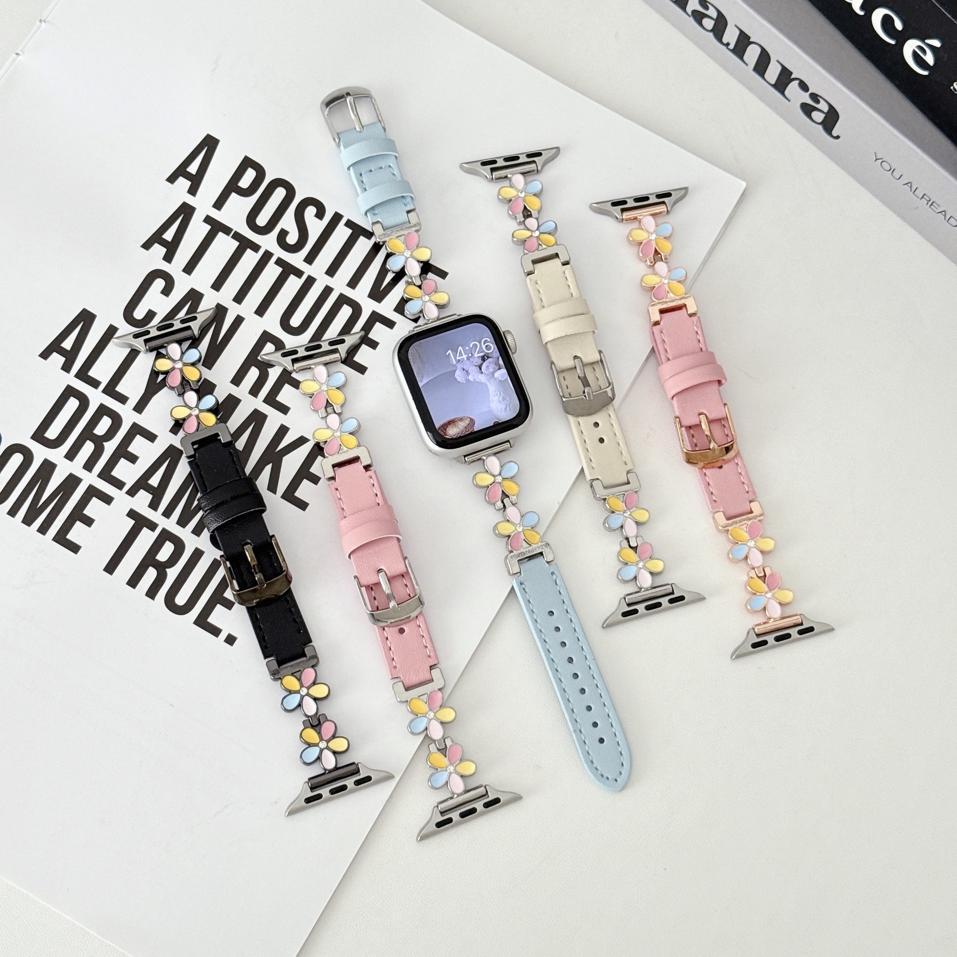 Five-color Petal-patterned Leather Watch Strap Beige 38 40 41 42mm